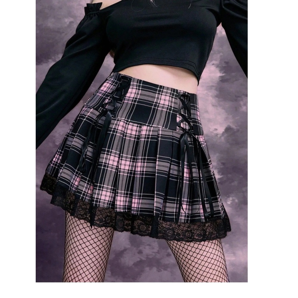 Dark Academia Plaid Pleated Mini Skirt Womens XS Pink Black Lace Goth Emo Punk